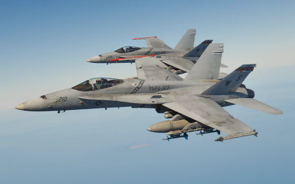 Two McDonnell Douglas CF-18 Hornet jet fighter warplanes soar side by side against a clear blue sky in this HD military aircraft desktop wallpaper.