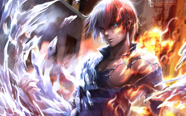 HD desktop wallpaper featuring Shoto Todoroki from My Hero Academia, displaying his ice and fire powers with an intense background.