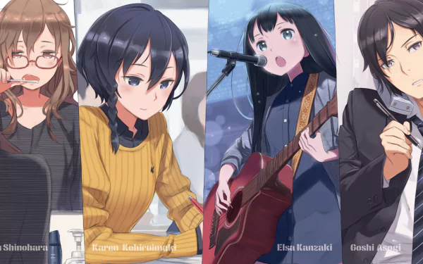 HD desktop wallpaper featuring characters Miyu Shinohara, Karen Kohiruimaki, Elsa Kanzaki, and Goushi Asougi from the anime Sword Art Online Alternative: Gun Gale Online.