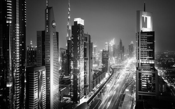 Man Made Dubai Cities United Arab Emirates Night Light City Monochrome Skyscraper Building Black & White HD Wallpaper | Background Image