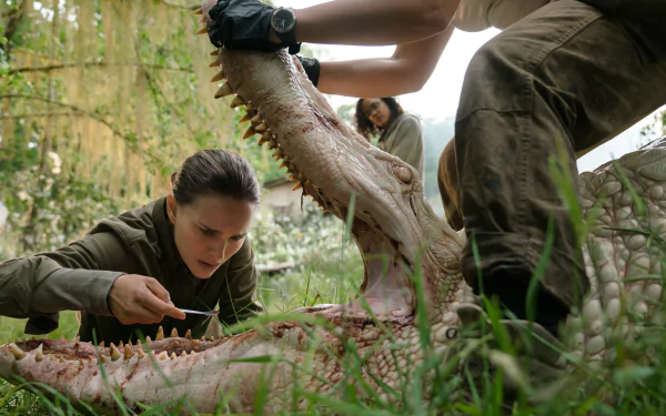 Annihilation movie scene: a woman crouches, intently examining the gaping jaw of a large creature held open by others; 5K Ultra HD PC desktop wallpaper.