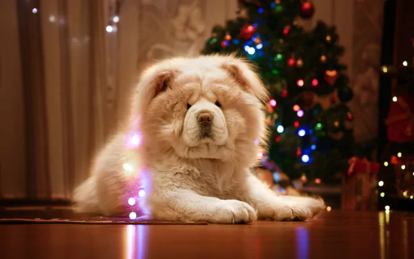 HD desktop wallpaper and background featuring a fluffy chow chow dog lying on the floor, with a decorated Christmas tree in the background. The scene is illuminated with colorful holiday lights.