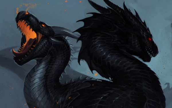 HD fantasy PC desktop wallpaper featuring a fierce black two-headed dragon with glowing red eyes against a smoky, dark background.