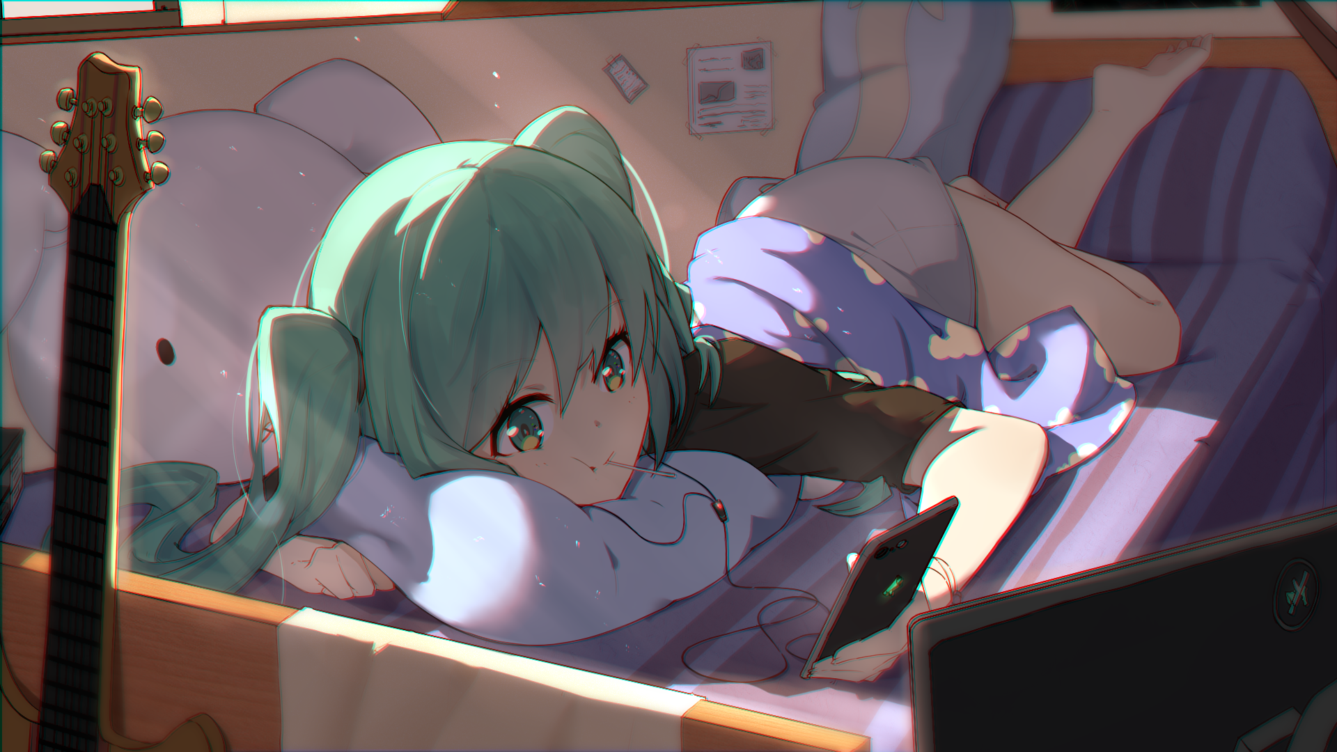HD PC desktop wallpaper featuring Hatsune Miku from Vocaloid in anime style, lying on a bed and holding a smartphone with a cozy, softly lit room background.