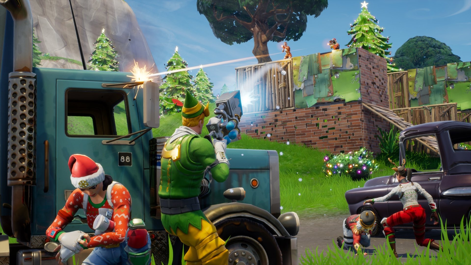 HD desktop wallpaper featuring Fortnite gameplay, with characters in a vivid battle scene against a colorful, nature-filled backdrop.
