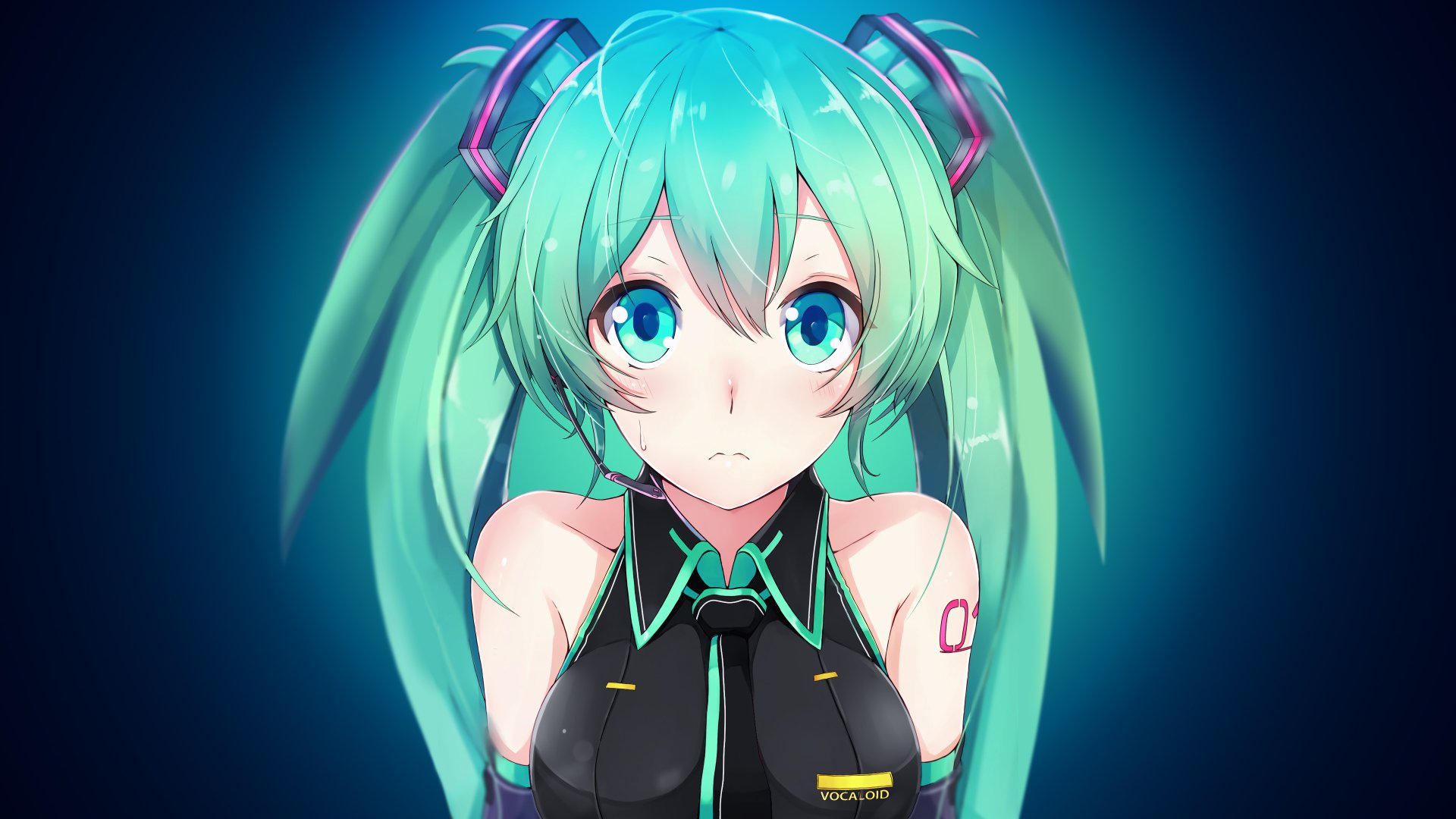 Anime-style Vocaloid character with bright green hair in twin tails and striking blue eyes, rendered in 4K Ultra HD as a vivid PC desktop wallpaper.