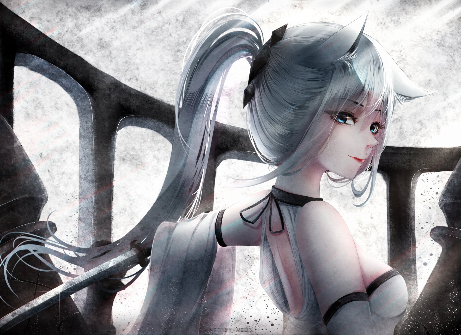 HD anime-style original artwork featuring a silver-haired character with a choker and flowing hair, set against an abstract black and white background for PC desktop wallpaper.