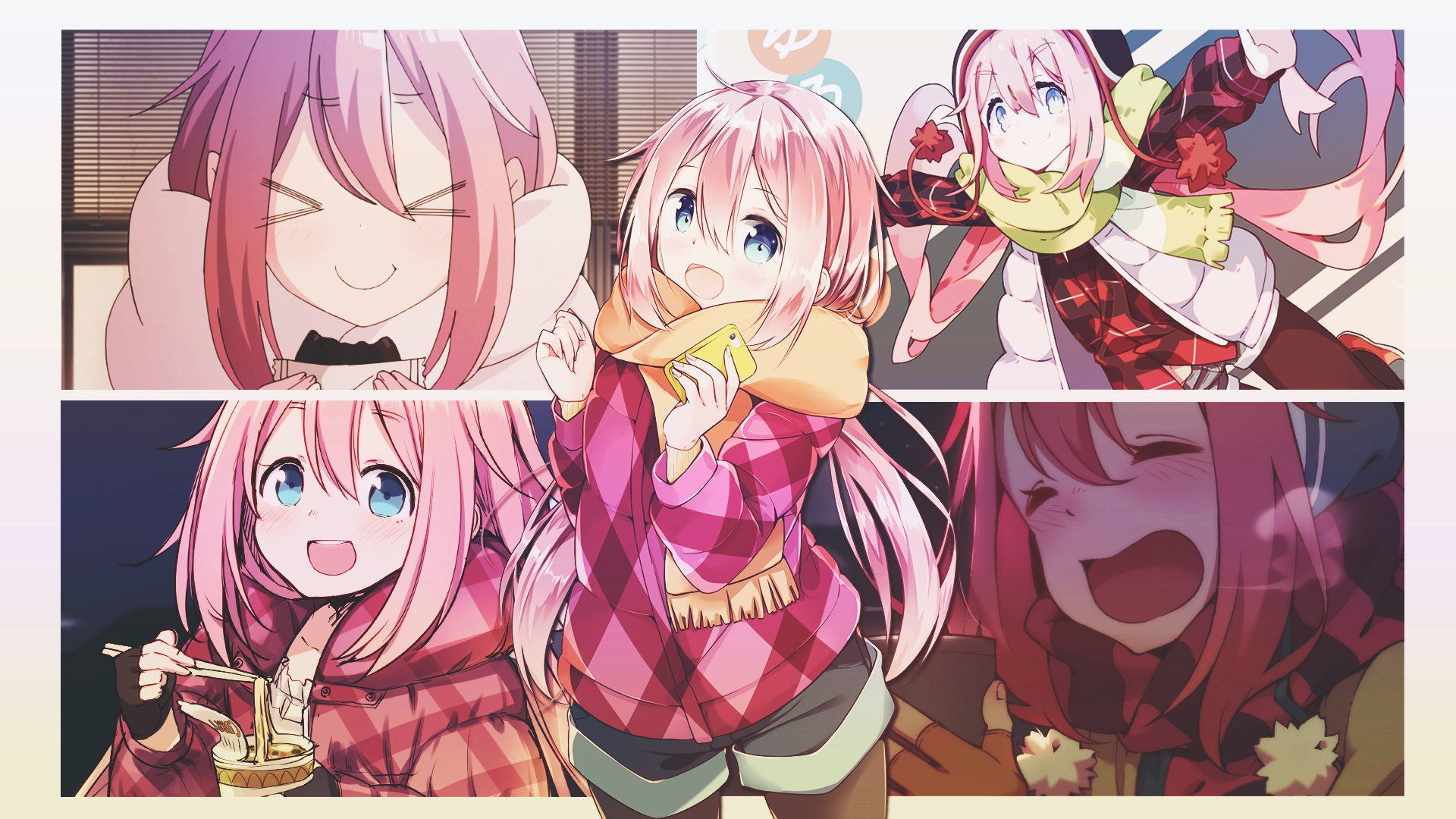 HD desktop wallpaper featuring various scenes of Nadeshiko Kagamihara from the anime Laid-Back Camp, showcasing her cheerful and adventurous personality.