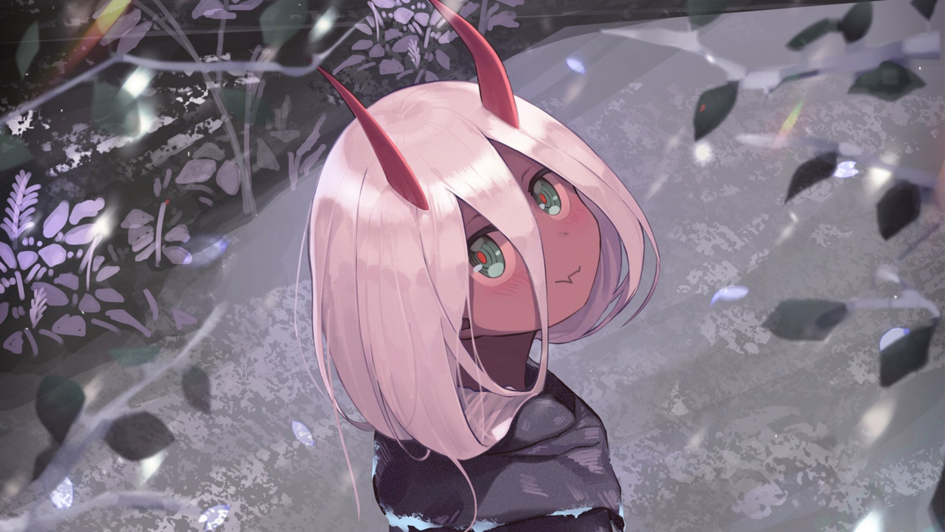 HD desktop wallpaper featuring Zero Two from the anime Darling in the FranXX, showcasing her with pink hair and red horns against a serene, nature-inspired background.