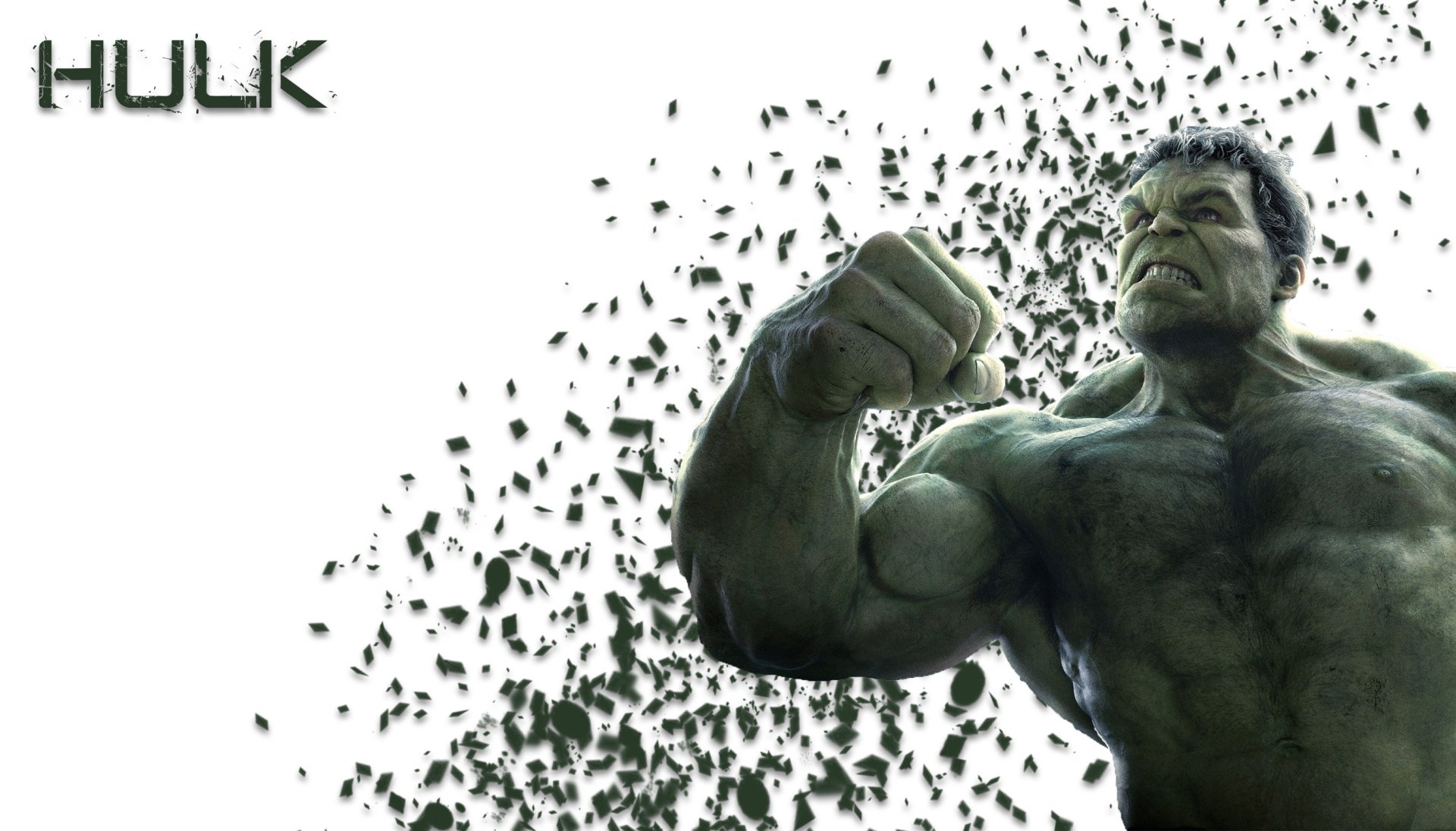 HD PC desktop wallpaper featuring Hulk from the Avengers: Infinity War movie with a dynamic, fragmented visual effect on a white background.