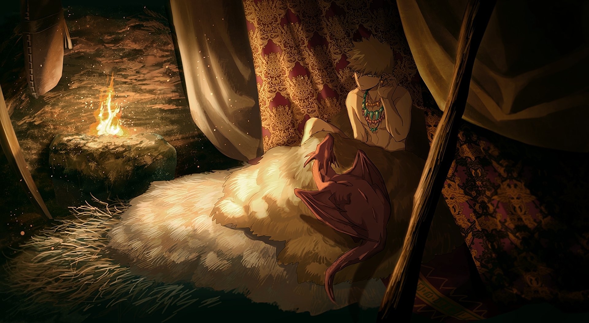 HD PC desktop wallpaper featuring Katsuki Bakugou from My Hero Academia, depicted resting inside a tent near a glowing campfire in a warm, detailed anime style.