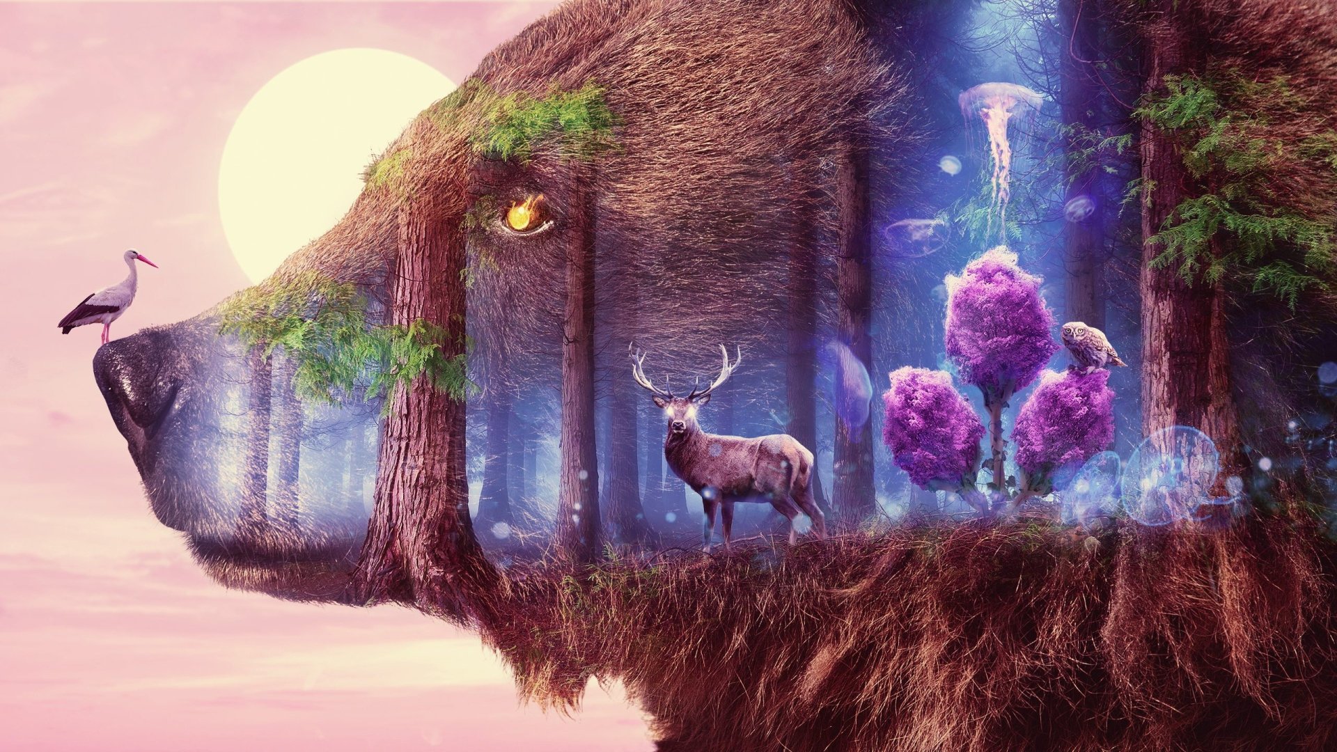 Fantasy HD wallpaper featuring a bear with a forest scene inside, including a stork, deer, owl, and surreal purple trees, with a pink sky in the background.