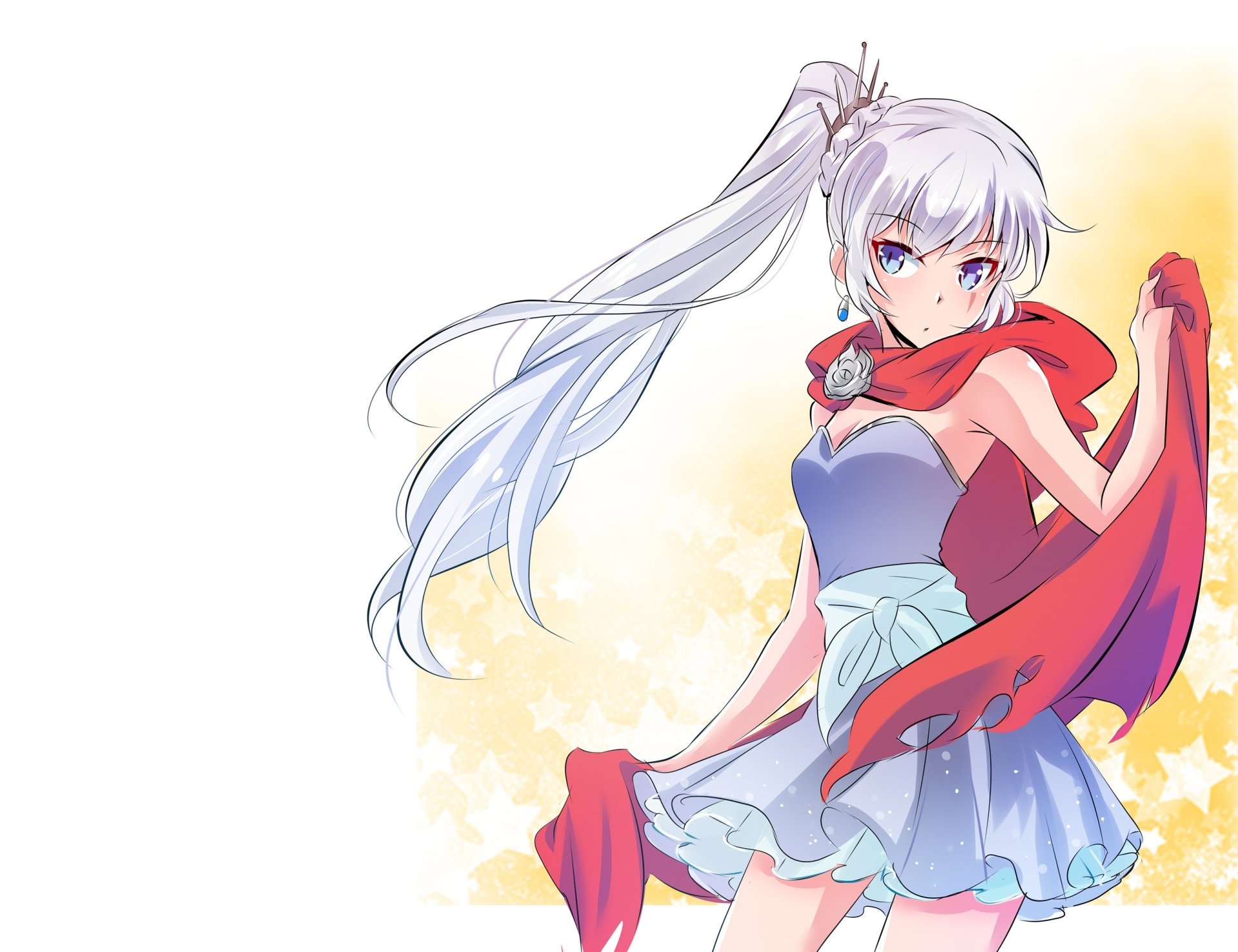 HD anime desktop wallpaper featuring Weiss Schnee from RWBY, showcasing her white hair, blue dress, and red scarf against a soft, light background.