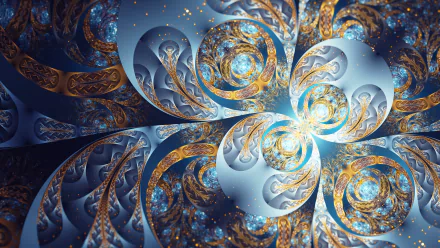 HD abstract fractal wallpaper with intricate, swirling patterns in blue and gold tones, creating a mesmerizing and dynamic background.