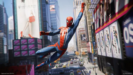 Spider-Man swings through a cityscape, featuring an HD image from the Spider-Man (PS4) video game. This dynamic wallpaper showcases the superhero in action against a backdrop of towering buildings and bustling streets.