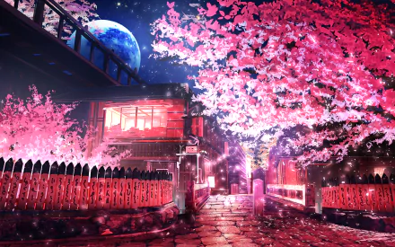 Anime-style HD wallpaper featuring a serene night scene with cherry blossoms (sakura) in full bloom under a bright moon, set against a traditional house. Tags: spring, cherry blossom, sakura, moon, night, Anime, Original.