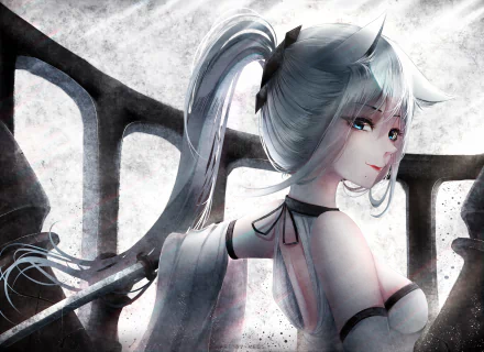 HD anime-style original artwork featuring a silver-haired character with a choker and flowing hair, set against an abstract black and white background for PC desktop wallpaper.