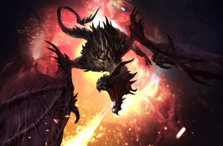 Two-headed dragon roaring and spewing fire amid a fiery sky, dark wings spread — HD PC desktop wallpaper/background from the video game The Elder Scrolls: Legends.