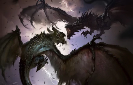 A high-definition desktop wallpaper showing an intense battle between two dragons from The Elder Scrolls: Legends video game, with a stormy sky providing a dramatic background.