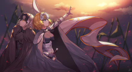 Anime 2K Quad HD desktop wallpaper of Jeanne d'Arc Alter and Jeanne d'Arc (Fate Series) from Fate/Grand Order: two armored women with flowing capes reaching toward a golden sunset.