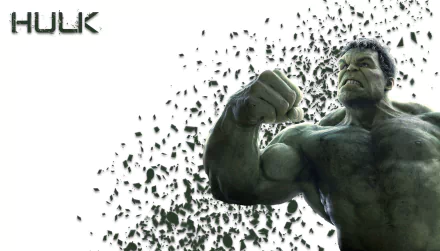 HD PC desktop wallpaper featuring Hulk from the Avengers: Infinity War movie with a dynamic, fragmented visual effect on a white background.