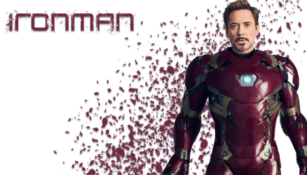 HD desktop wallpaper featuring Robert Downey Jr. as Iron Man from the movie Avengers: Infinity War, with Iron Man text and fragmentation effect in the background.