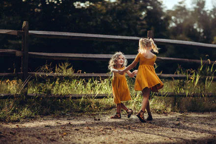 Two blonde little girls in orange dresses hold hands and play outdoors near a wooden fence, captured in a vibrant HD photography wallpaper background.