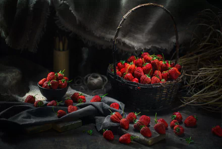 HD still life desktop wallpaper featuring a basket and bowl filled with fresh strawberries, scattered fruit, and a dark, moody background for a rich visual impact.