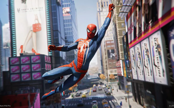 Spider-Man swings through a cityscape, featuring an HD image from the Spider-Man (PS4) video game. This dynamic wallpaper showcases the superhero in action against a backdrop of towering buildings and bustling streets.