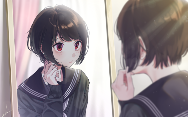 Anime Original Short Hair Brown Eyes Black Hair Mirror HD Wallpaper | Background Image