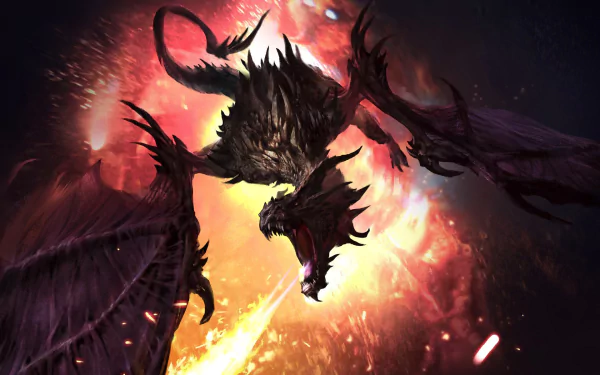 Two-headed dragon roaring and spewing fire amid a fiery sky, dark wings spread — HD PC desktop wallpaper/background from the video game The Elder Scrolls: Legends.