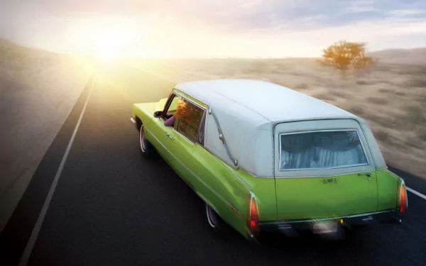 HD PC desktop wallpaper/background of a green vintage hearse driving toward a sunlit horizon on an empty highway — TV show Six Feet Under.