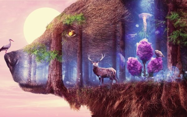 Fantasy Animal Fantasy Animals Bear Deer Stork Forest Owl HD Wallpaper | Background Image