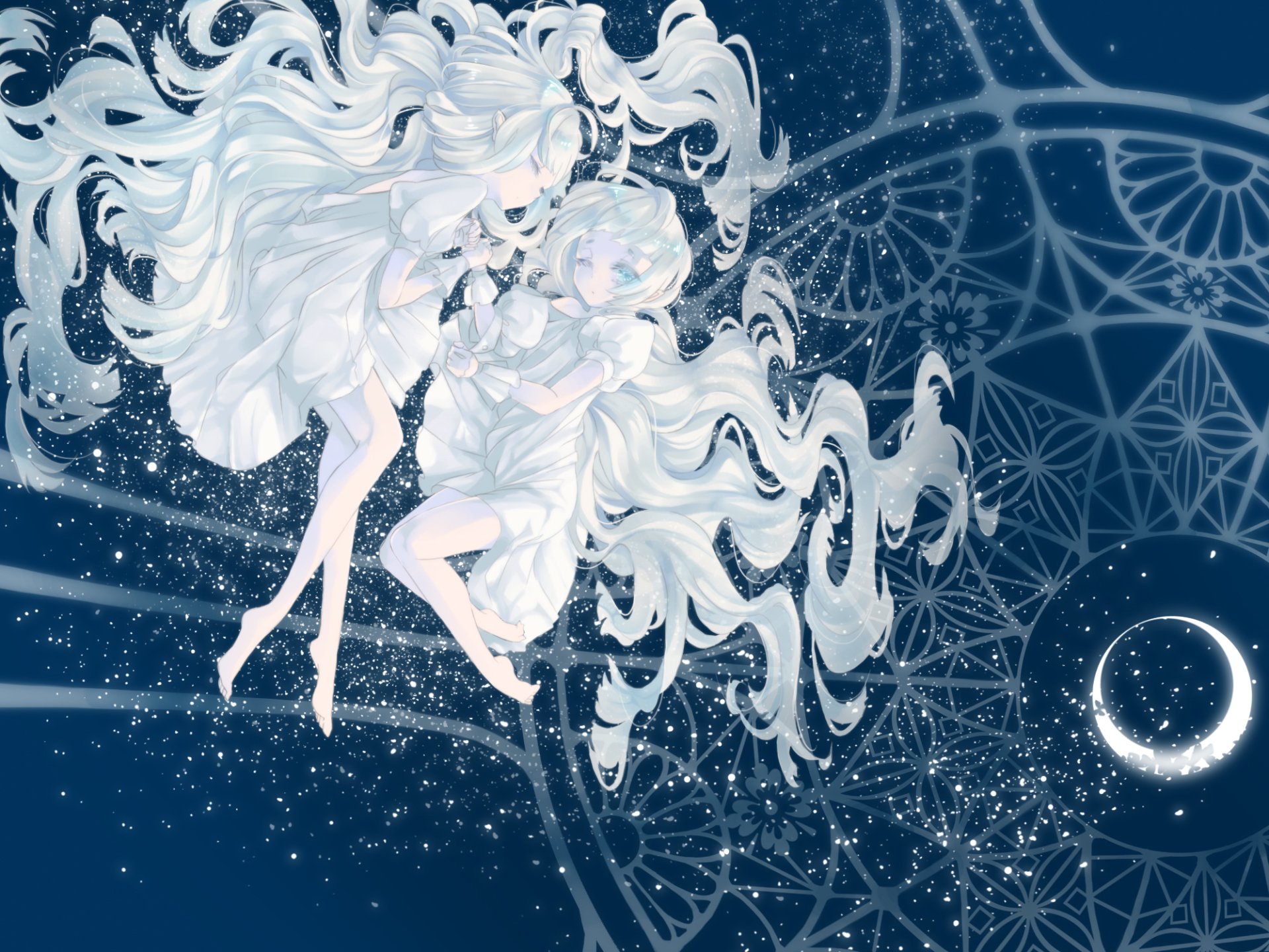 Fantasy anime-style elves with flowing white hair float gracefully against a starry night sky featuring a crescent moon and intricate celestial patterns in this HD desktop wallpaper.