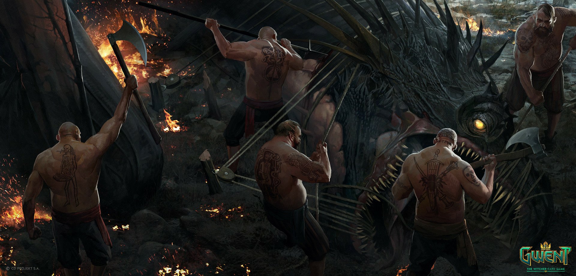 HD PC desktop wallpaper featuring an intense battle scene from Gwent: The Witcher Card Game, showcasing warriors fighting a fierce dragon amidst fire and smoke.