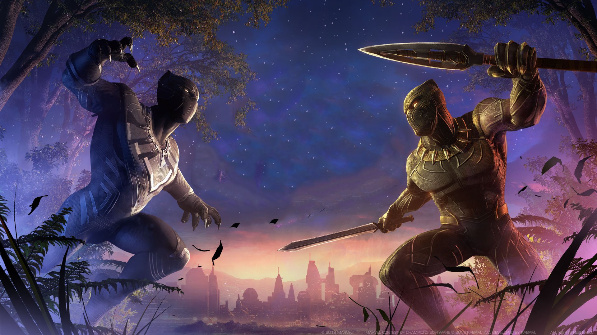 HD PC desktop wallpaper featuring two Black Panther characters from Marvel Comics in an intense battle, inspired by the MARVEL Contest of Champions video game.