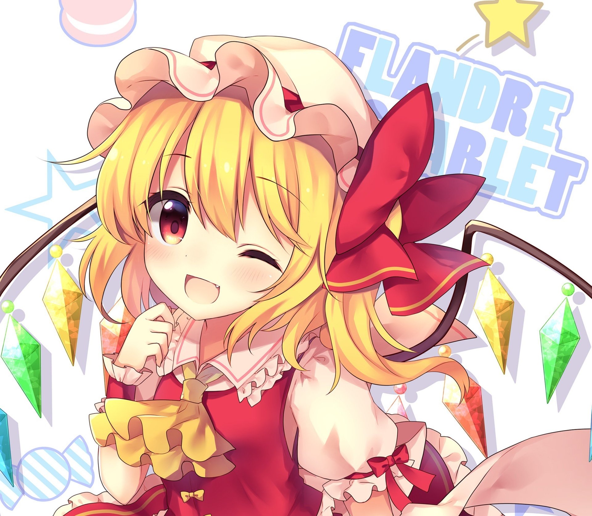 HD anime desktop wallpaper featuring blonde Flandre Scarlet from Touhou winking with a playful smile and colorful crystal wings in the background.