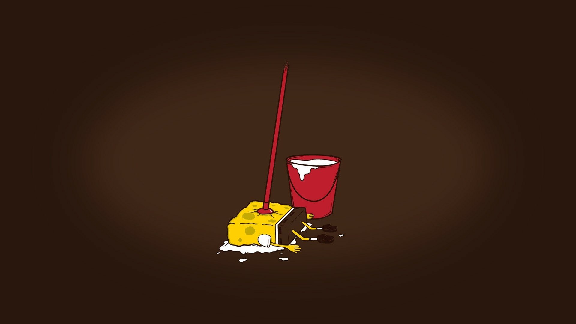 SpongeBob SquarePants TV show HD PC wallpaper: darkly funny, sadic scene of flattened SpongeBob with mop and red bucket on a brown background.