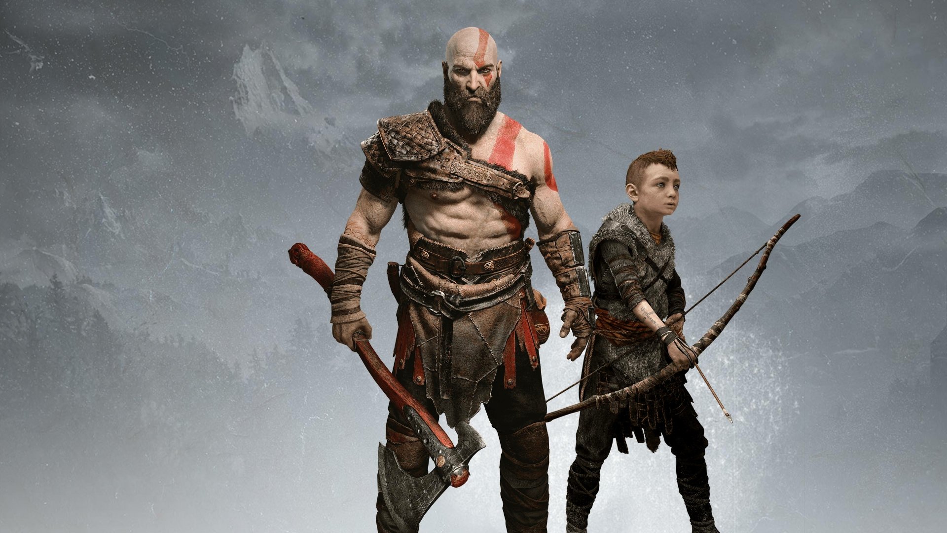 High-definition desktop wallpaper featuring Kratos and his son from the video game God of War (2018), set against a misty mountainous background.