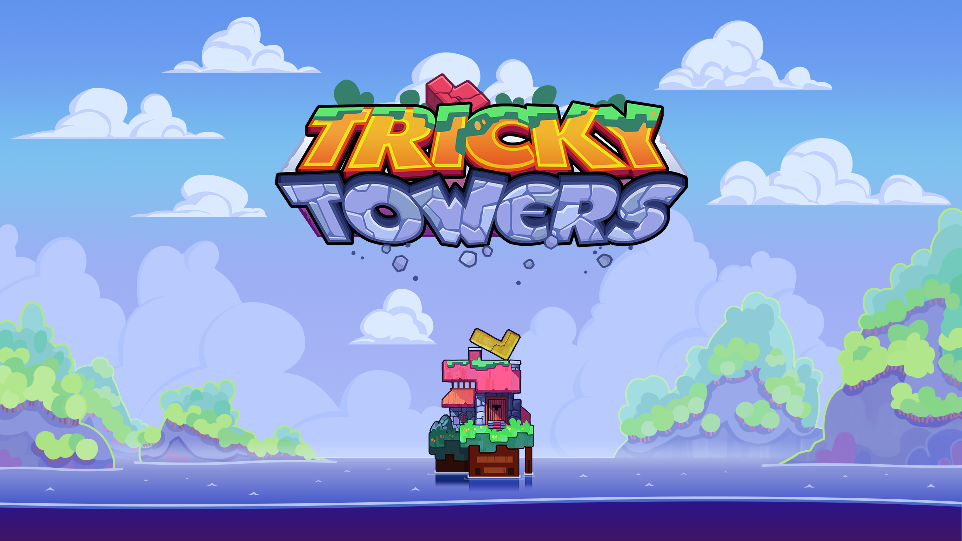 HD desktop wallpaper of Tricky Towers game with colorful logo and whimsical block structures against a cartoon-style landscape backdrop.