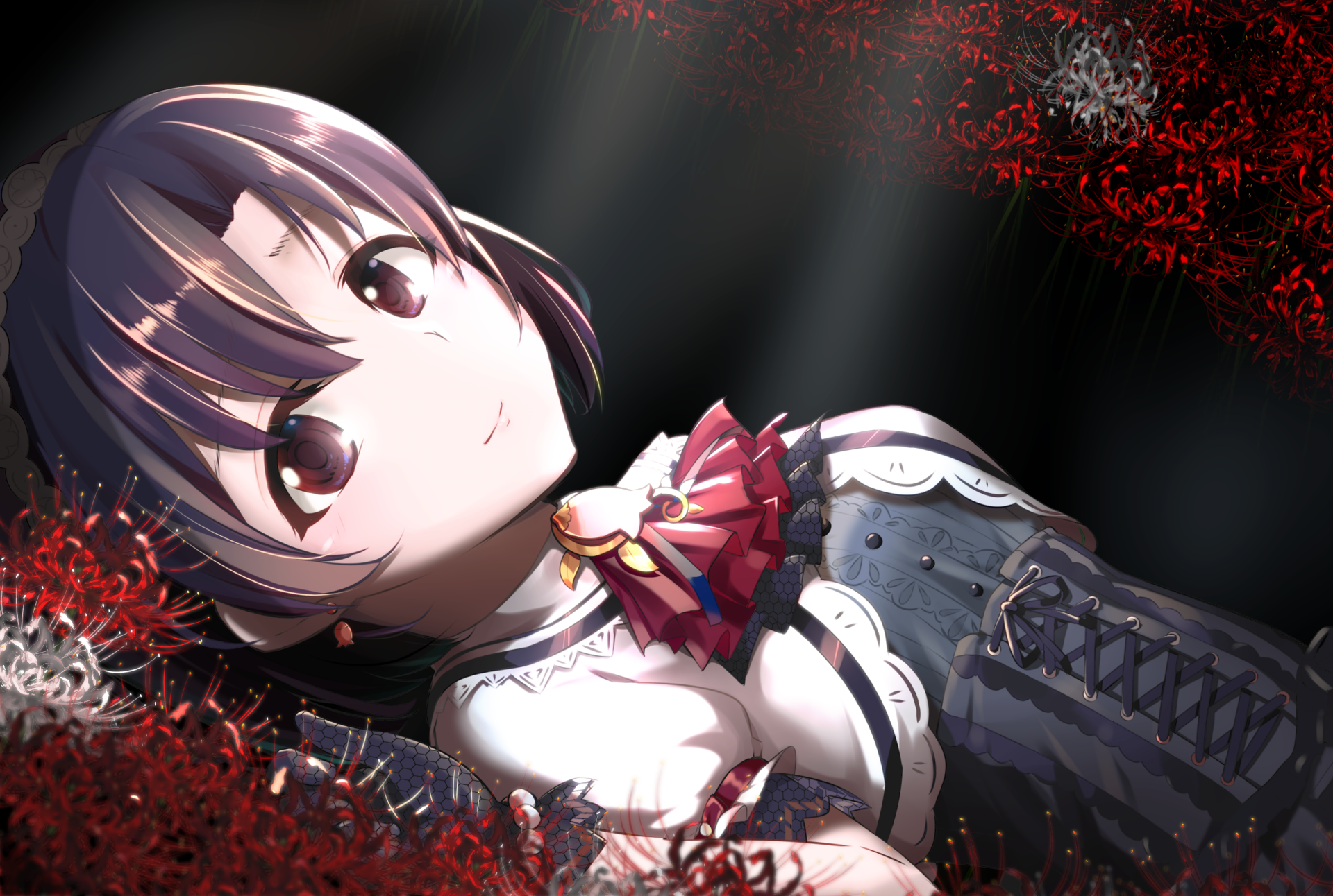 Hotaru Shiragiku (The iDOLM@STER Cinderella Girls) anime portrait reclining amid red spider lilies — 2K Quad HD PC desktop wallpaper/background