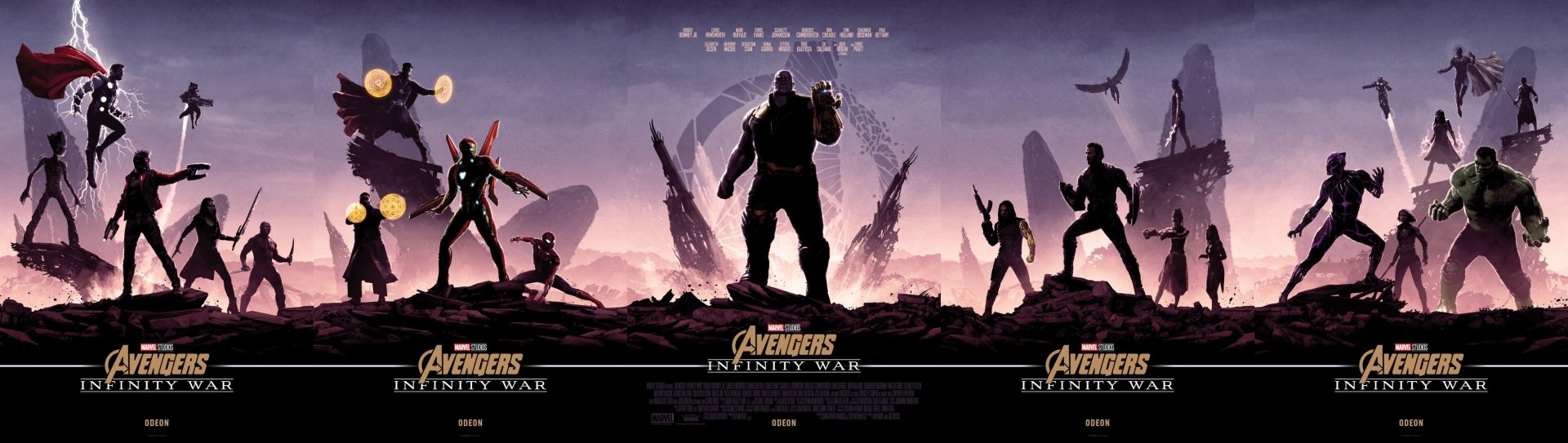 HD desktop wallpaper featuring a scene from the movie Avengers: Infinity War, showcasing several characters silhouetted against a dramatic backdrop, with the film's logo prominently displayed.