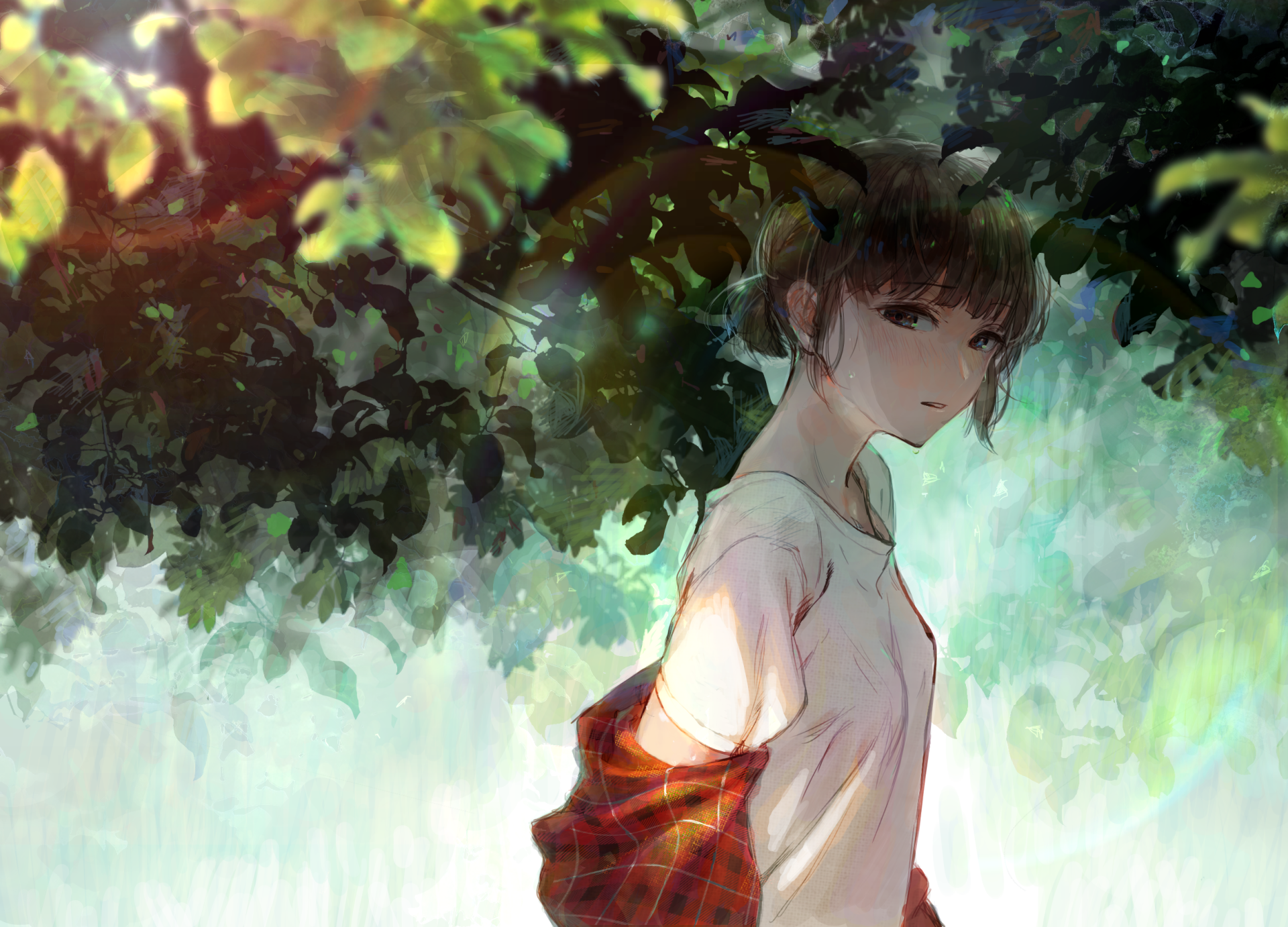 Anime-style original artwork of a short-haired character with brown eyes and hair, set against a lush, sunlit leafy background, presented as an HD PC desktop wallpaper.