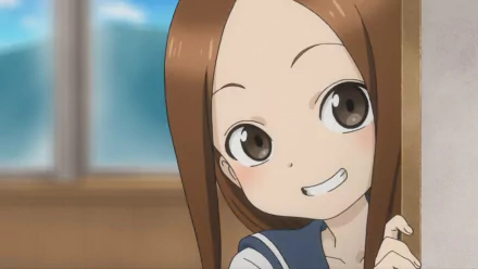 HD anime desktop wallpaper featuring Takagi from Karakai Jouzu no Takagi-san with her signature teasing smile, highlighting her playful character from Teasing Master Takagi-san.