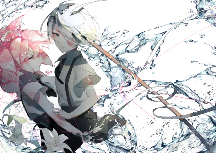 HD desktop wallpaper featuring Morganite and Goshenite from the anime Land of the Lustrous, depicted in an ethereal, fluid setting with splashes of water and soft pastel elements in the background.