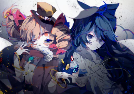 HD PC desktop wallpaper featuring Shion Yorigami and Joon Yorigami from the anime Touhou, showcasing detailed character art with vibrant colors and dynamic composition.