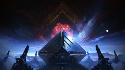 HD desktop wallpaper featuring a striking scene from the video game Destiny 2, showcasing a futuristic pyramid structure with a glowing red orb in the background, enveloped in a dramatic, misty atmosphere.