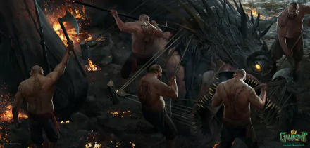 HD PC desktop wallpaper featuring an intense battle scene from Gwent: The Witcher Card Game, showcasing warriors fighting a fierce dragon amidst fire and smoke.