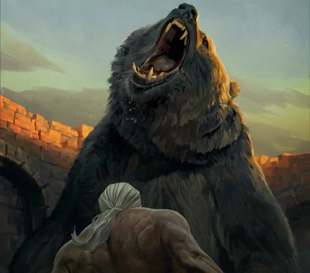 HD PC desktop wallpaper from the video game Gwent: The Witcher Card Game, depicting a fierce bear roaring over a crouched figure in front of a stone wall.