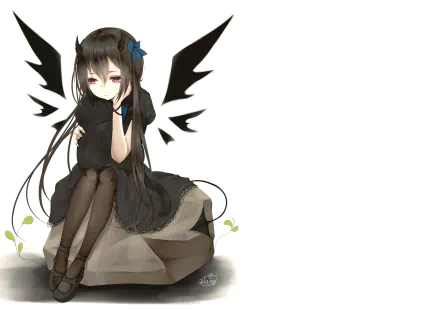 Anime original cat girl with long black hair, purple eyes, small horns, wings and tail, wearing a bow and dark dress, sitting on a cushion — 2K Quad HD PC desktop wallpaper.